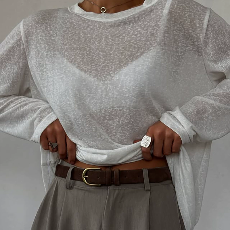 Long-sleeve white summer top, thin semi-sheer oversize style