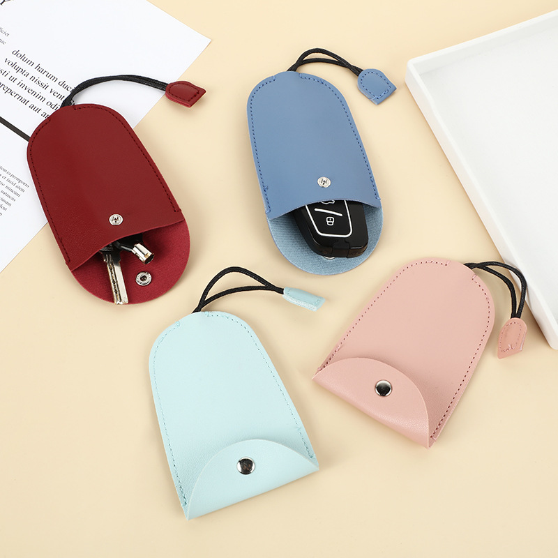 Covered key case with cover, soft leather car key storage bag, snap-on compact portable key case