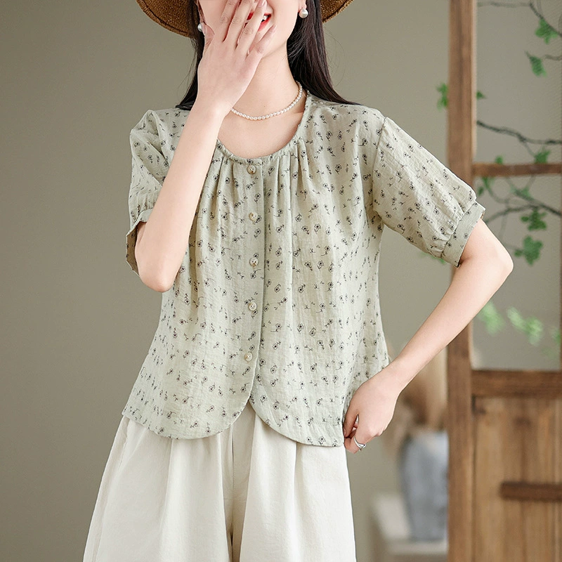 Реальная стрельба французская сладкая цветочная рубашка с рукавами пузырьков женский летний новый однобортный топ
