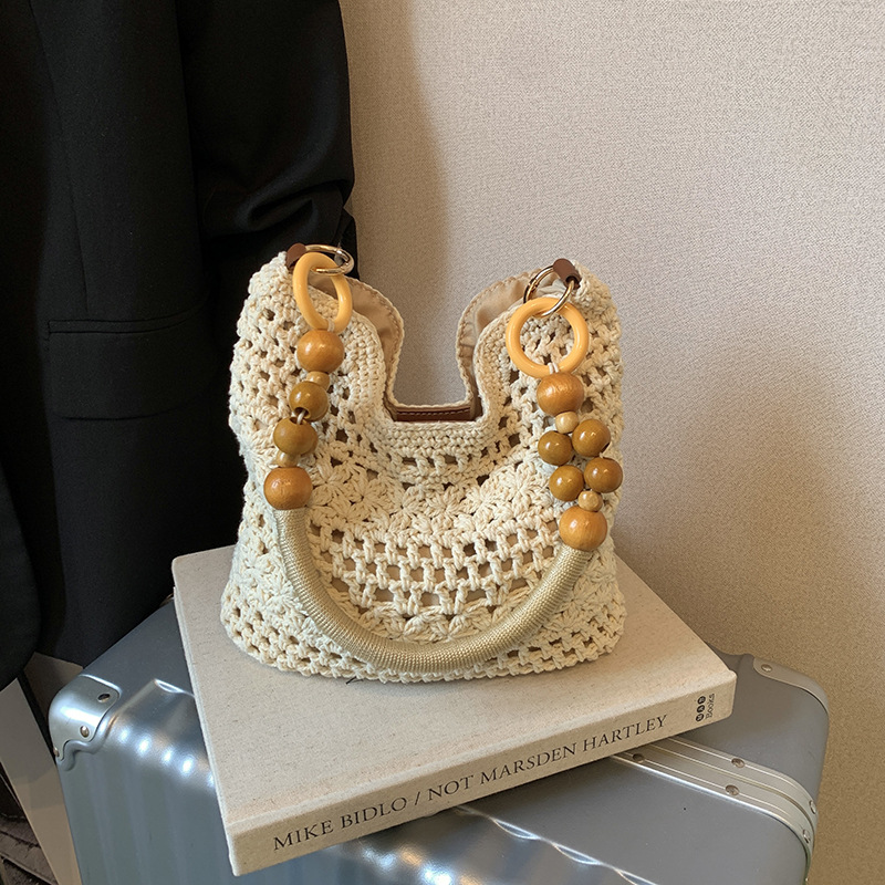 Storage Basket Bag, Rattan Handbag, Woven Shoulder Bag, Handmade Natural Rattan & Seagrass, Leather Trim, Eco-Friendly, Lightweight, Durable For Daily_voghion.com