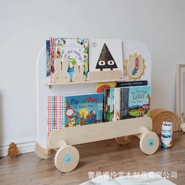 家用宝宝简易绘本书架小型儿童收纳架移动二合一大画板推车置物架