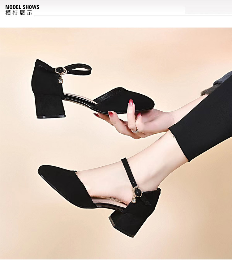 Sandal cao gót nữ quai ngang gót vuông da lộn — Màu đen Cashmere chi tiết 3
