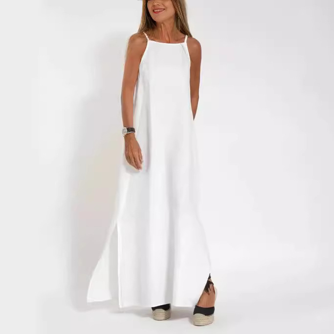 2023 European and American Cross-Border Wish Ebay Independent Station Fashion Casual Cotton and Linen Slit Suspender Dress