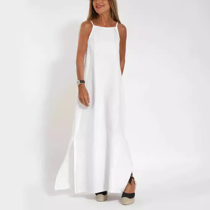 2023 European and American Cross-Border Wish Ebay Independent Station Fashion Casual Cotton and Linen Slit Suspender Dress