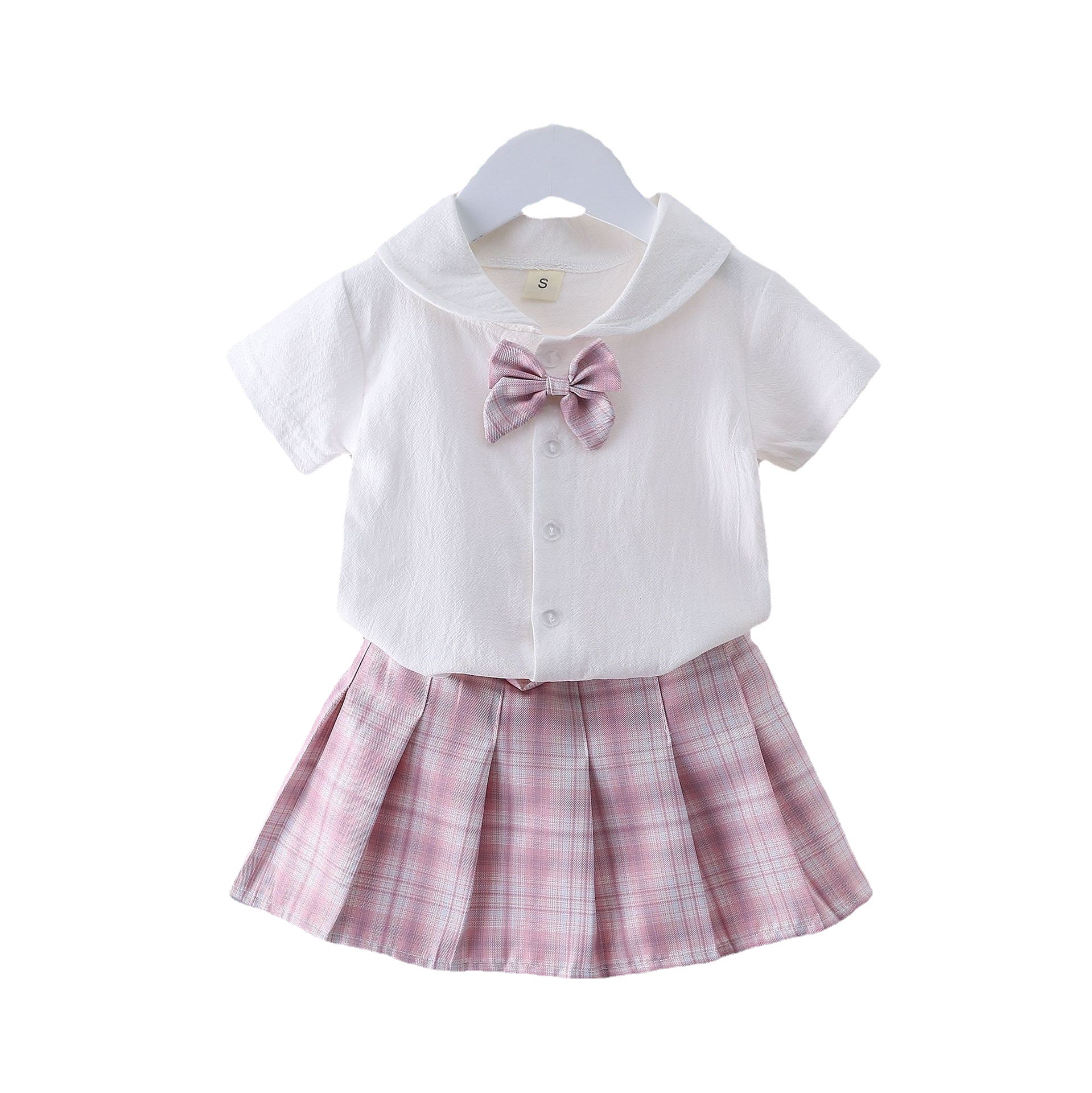 Conjunto de verão 2024 novo para meninas, uniforme jk, crianças pequenas e médias, bebê, saia xadrez, conjunto de duas peças.