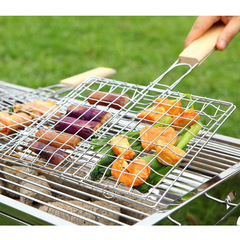 Stainless steel barbecue grill fish clamp barbecue net clamp camping wood handle barbecue tongs foldable BBQ net frame grill net wholesale