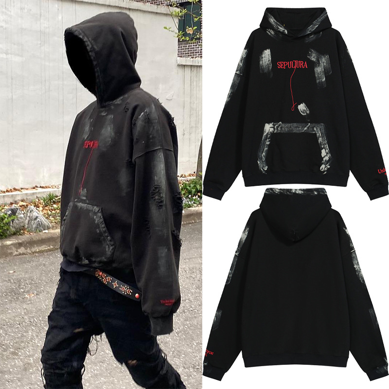 El otoño y el Invierno nuevo Undermycar angustiado lavado destruido cartas bordadas hombres y mujeres sueltos chaqueta de suéter con capucha