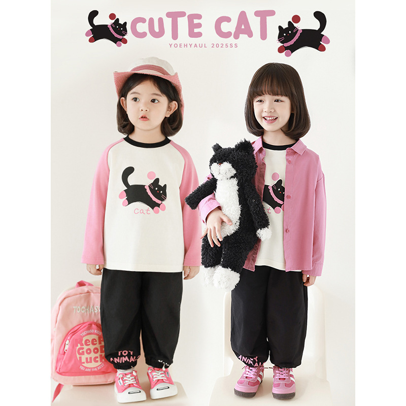 Wulibuyi Girls' Cute Pet Paradise Series Spring Color-Block Raglan T-Shirt Simple and Refreshing Turn-Down Collar Shirt and Pants