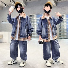 男童春装牛仔套装2025新款春秋季男孩痞帅外套裤子两件套拼接潮款