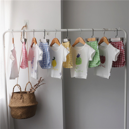 2024 Korean children's clothing summer boys and girls children's short-sleeved shorts suit fruit T-shirt plaid shorts suit