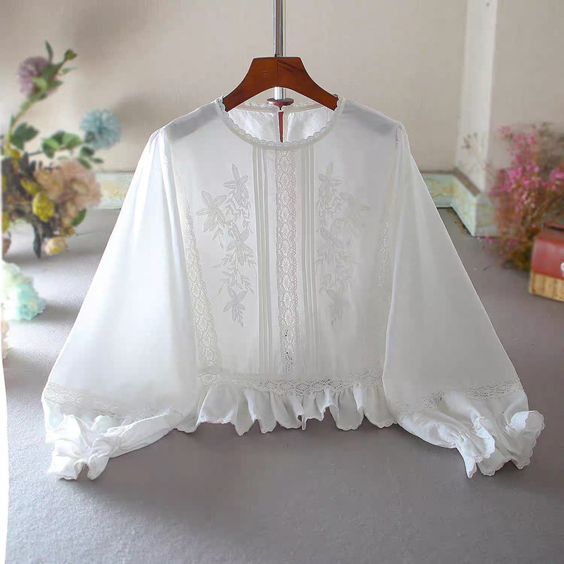 Original Retro Lantern Sleeve Pullover Embroidered High-Waisted Short Ruffled Skirt Top Pure Cotton Elegant Long-Sleeved Shirt