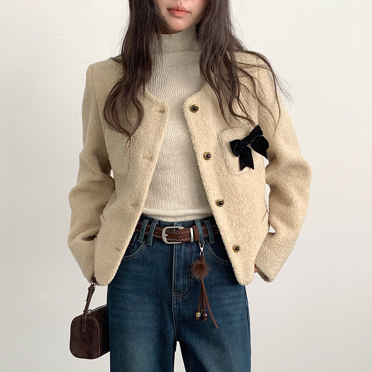 [Oufan] Tweed Style Bow Round Neck Woolen Jacket Women's New Winter Slimming Look Short Top 9632