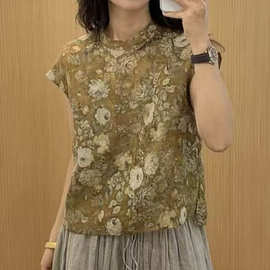 2026夏季新款文艺休闲气质印花苎麻T恤衫宽松休闲立领衬衫女