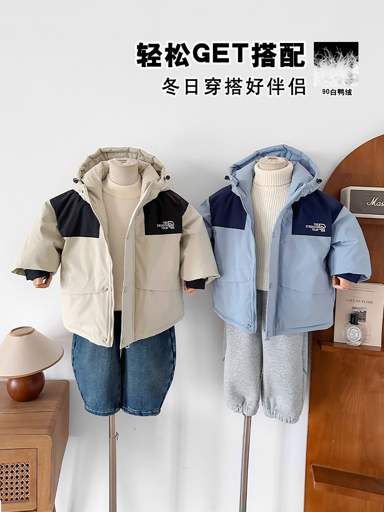 Wind Valley 2025 nuevo invierno para niños coreanos color contrastante chaqueta de plumón chaqueta de asalto con capuz chaqueta gruesa