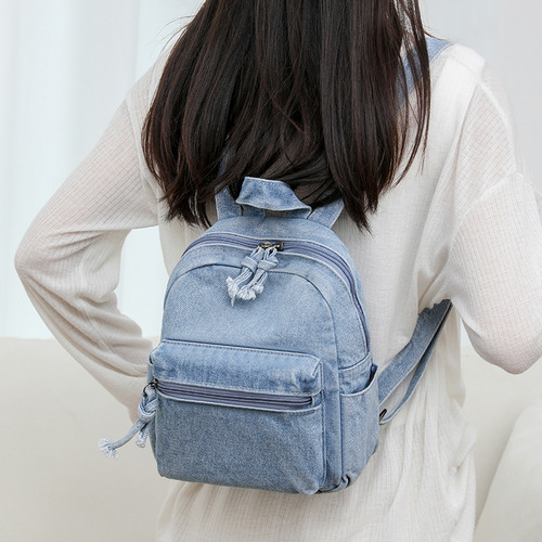 Japanese minimalist fashion dual-shoulder bag for women, retro denim fabric student backpack, travel small backpack.