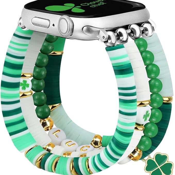 Apple watchアップルの腕時計バンドの緑のバンドの弾力性のビーズの石の手作りの緑の葉の石の腕時計バンド|undefined
