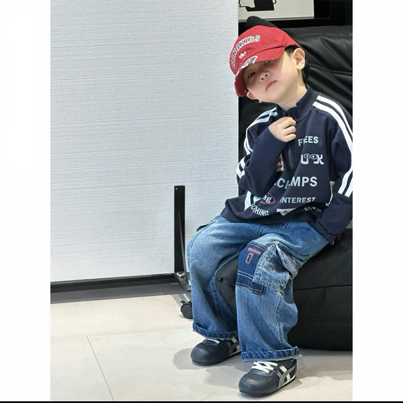 男童两件套2025春秋新款韩版可爱舒适立领卫衣休闲蓝色工装裤套装|undefined