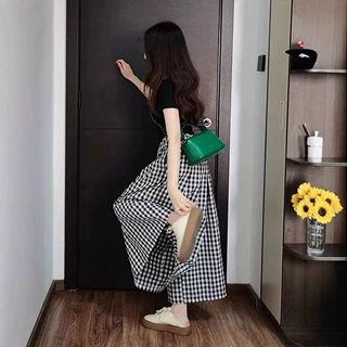 慵懒风黑白格子休闲裤女夏季直筒阔腿A字裤裙小众高腰显瘦长裤ins