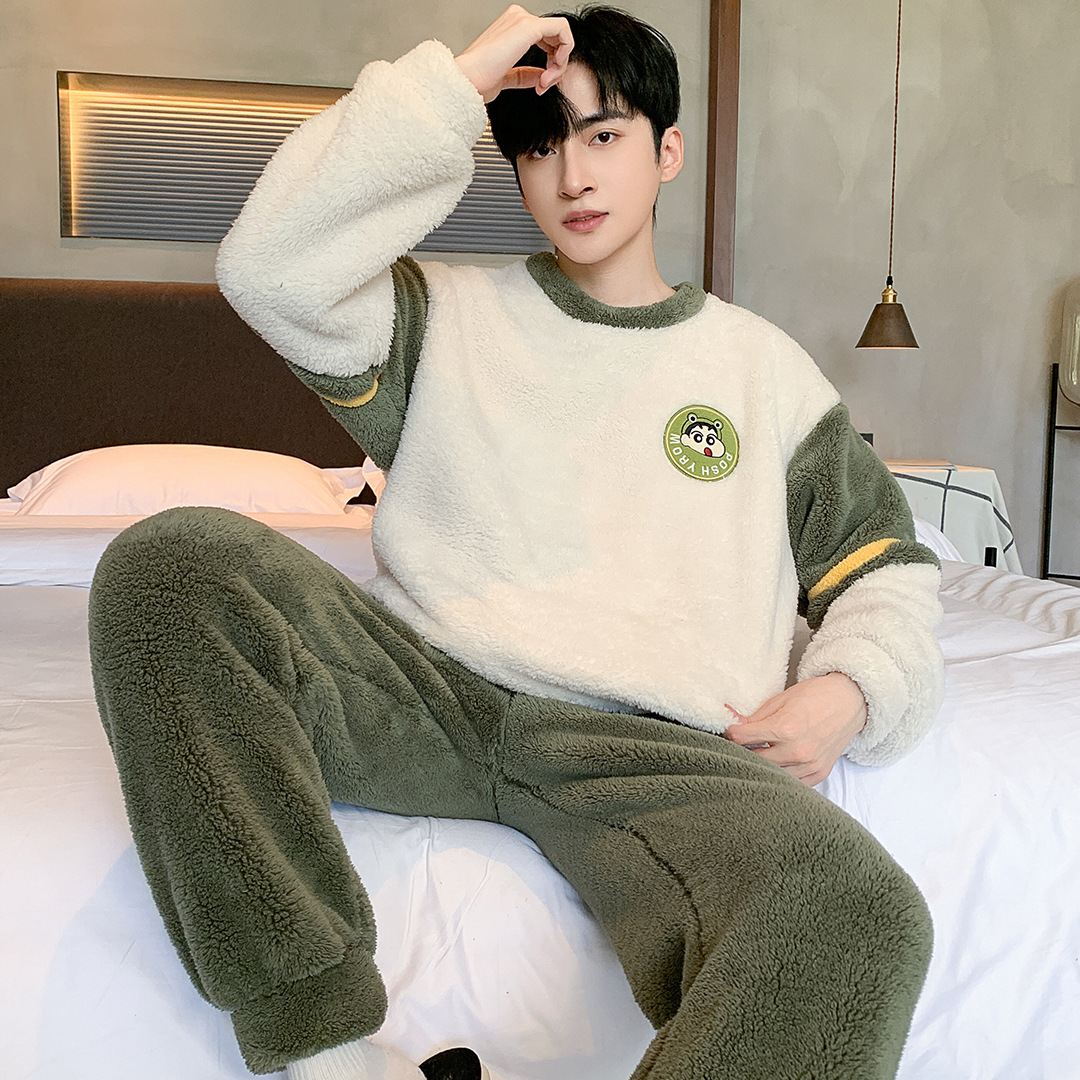 Pijamas de peluche de invierno para hombres guapo simple dibujos animados panda de peluche grueso ropa de casa de dos piezas