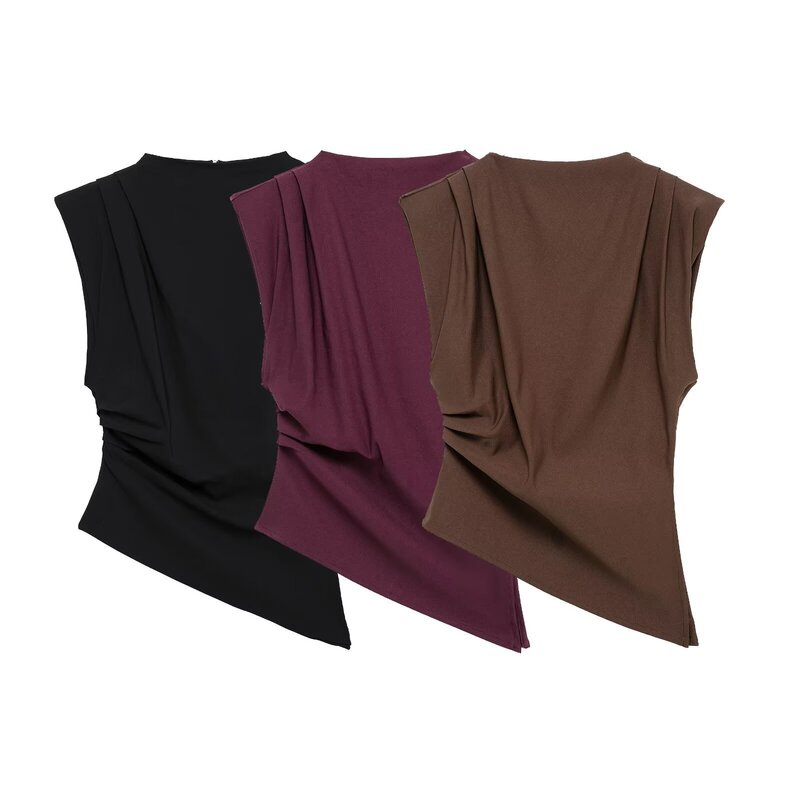 Za Cross-Border Women's Clothing Wholesale European and American Style Fashionable Versatile Shoulder Pad Pleated Slim Sleeveless T-Shirt Top 0085845 Za Cross-Border Women's Clothing Wholesale European and American Style Fashionable Versatile Shoulder Pad Pleated Slim Sleeveless T-Shirt Top 0085845