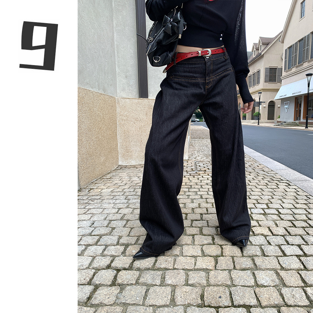 [9Hour] American-Style Pleated Wide-Leg Jeans for Women 2025 Autumn One-Pocket Long Pants 8163