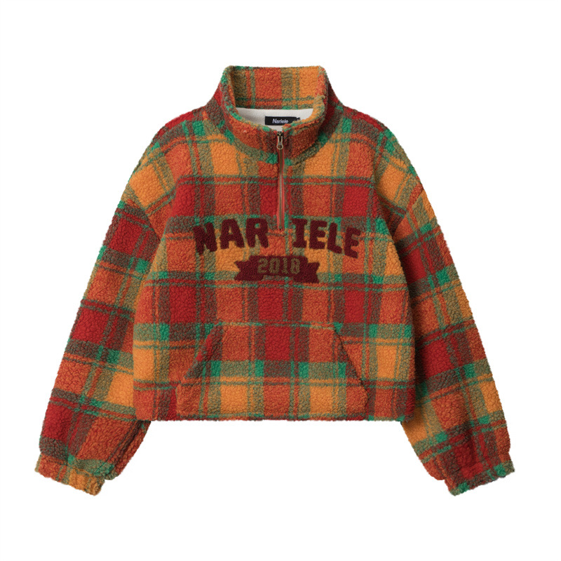 Women's Clothing retro style winter new half zip top short letter embroidered plaid sweater jacket_voghion.com