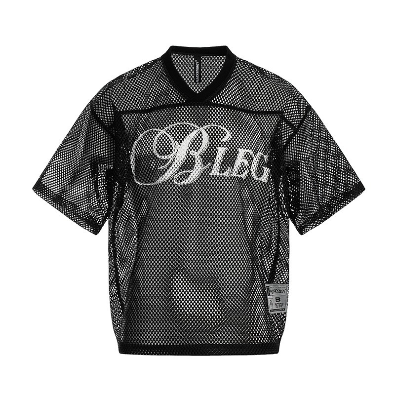 Kurzarm-T-Shirt mit V-Ausschnitt und Buchstabenprint aus Mesh, kurzes, luftiges Sommer-Jersey-Top mit Cut-outs, locker sitzendes Oberteil für Damen und Herren_voghion.com