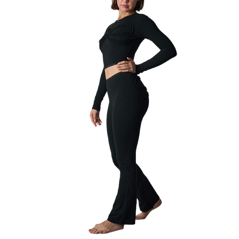 Sexy katoenen broekenset met strikdetail voor dames – comfortabele, hooggetailleerde flared legging en cropped top (zwart, roze, grijs, S-XL)_voghion.com