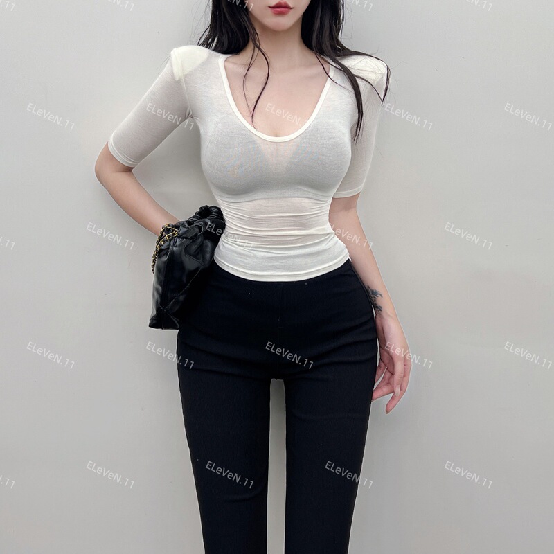 版型很顶~热辣紧身薄款微透露锁骨打底上衣显瘦纯色正肩短袖T恤女|undefined