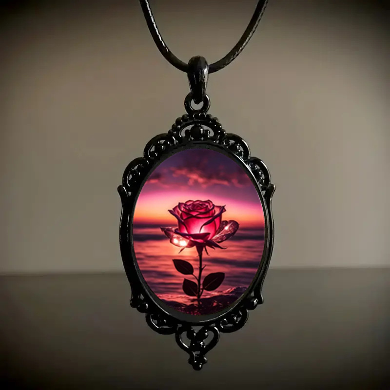 跨境新品爆款热卖 唯美海边晚霞玫瑰花图案玻璃吊坠项链 厂家直销
