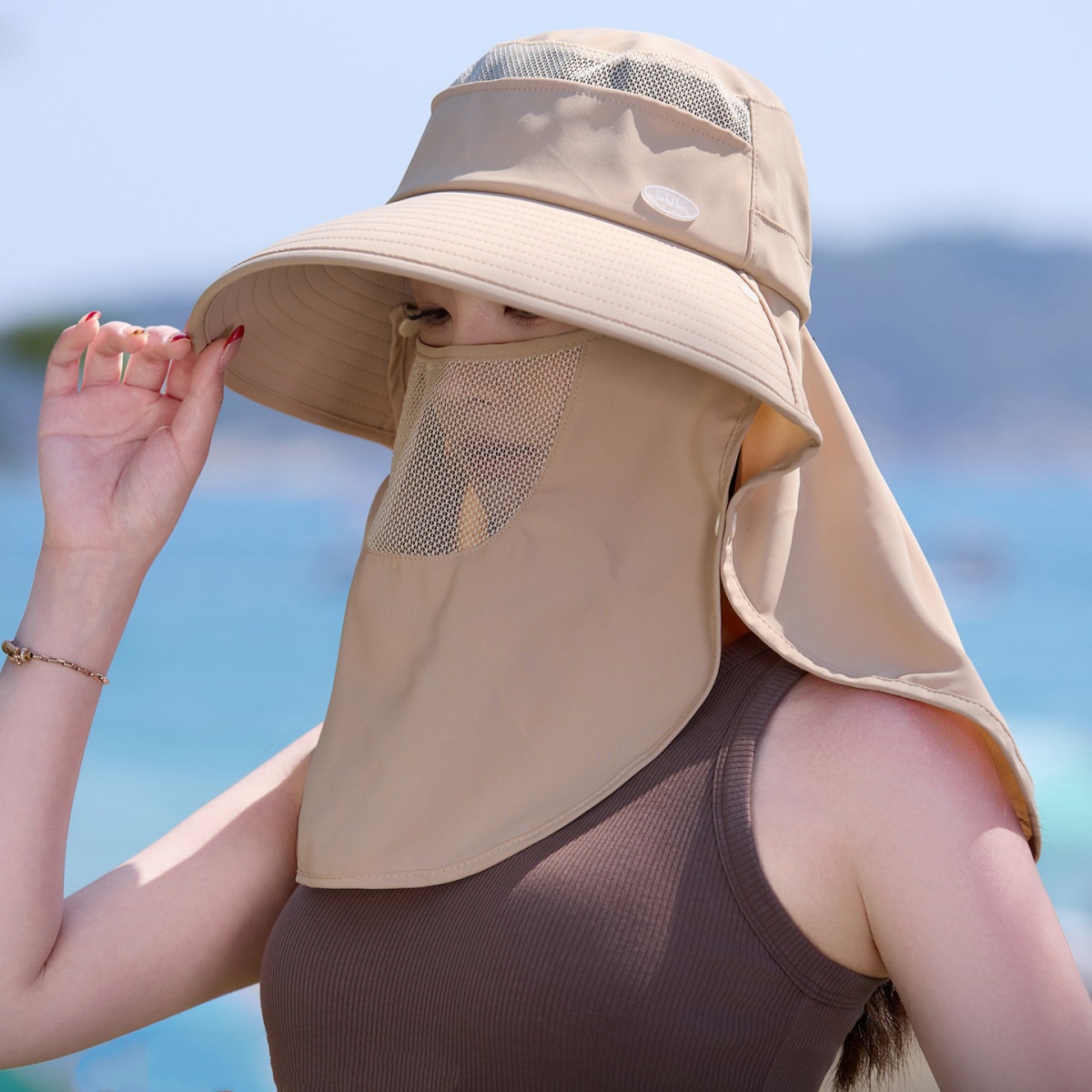 UV Protection Summer Sunshade Face Mask Neck Protection Integrated Foldable Bucket Hat_voghion.com