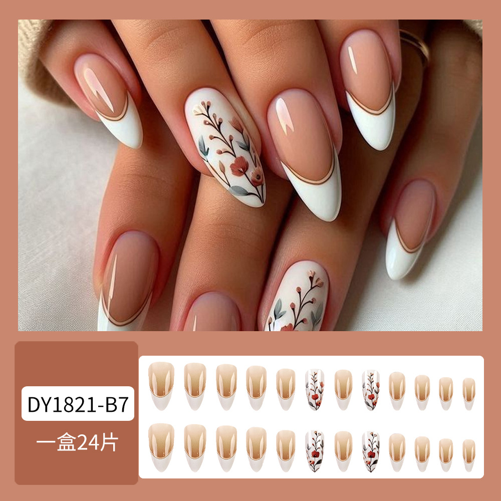 Polvo desnudo pintado a mano flor para usar uñas de almendra de borde blanco minimalista Uña diaria no lesiones parche de manicura