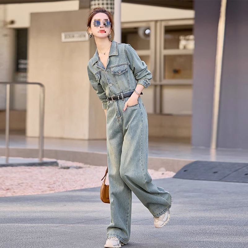 欧货复古西装牛仔连体裤女2025夏季时尚炸街工装显瘦阔腿连衣裤