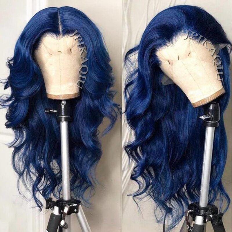 Blue lace front wig, untrimmed, long wavy style, glue-free, synthetic wig Blue lace front wig, untrimmed, long wavy style, glue-free, synthetic wig