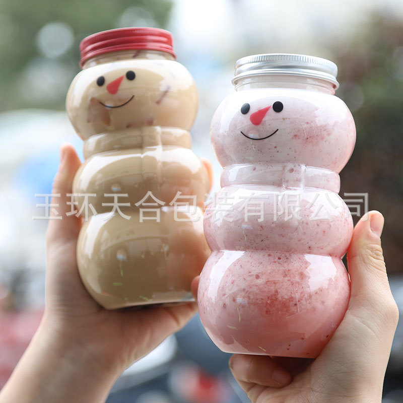 500ml圣诞雪人奶茶冷饮杯pet加厚塑料大口径一次性密封包装瓶