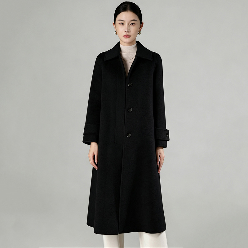 Black double-sided cashmere coat for women, 2026 autumn and winter new style, elegant and slimming, mid-length camel wool coat Black double-sided cashmere coat for women, 2026 autumn and winter new style, elegant and slimming, mid-length camel wool coat