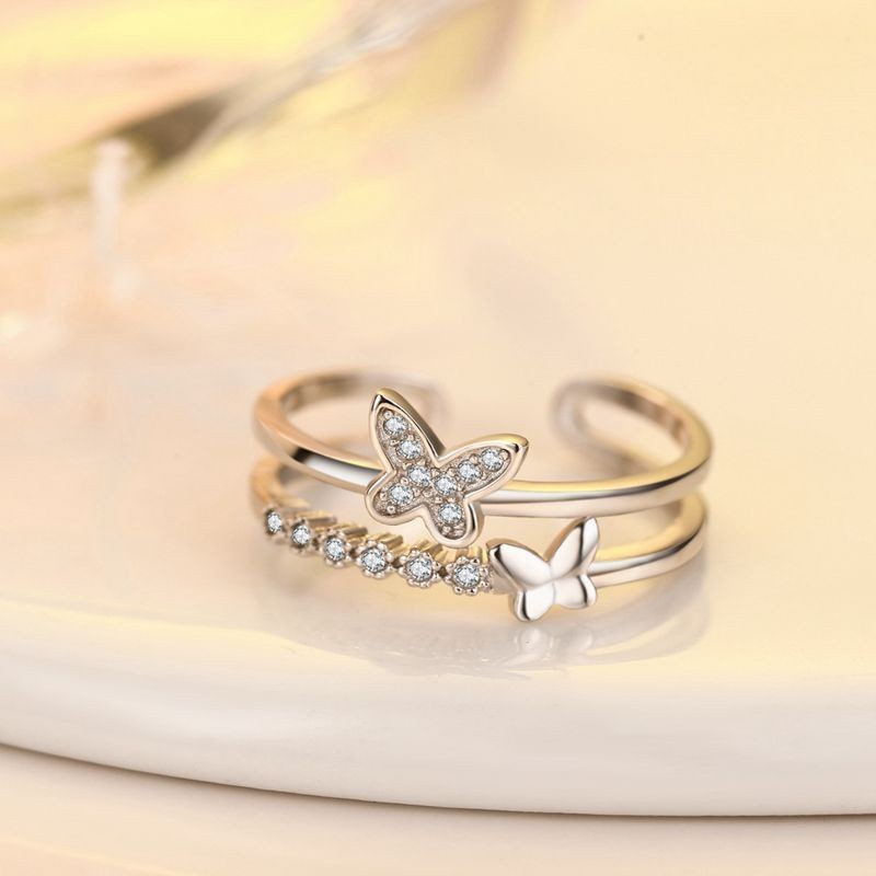 Anello aperto a farfalla in argento con zircone donna regolabile_voghion.com
