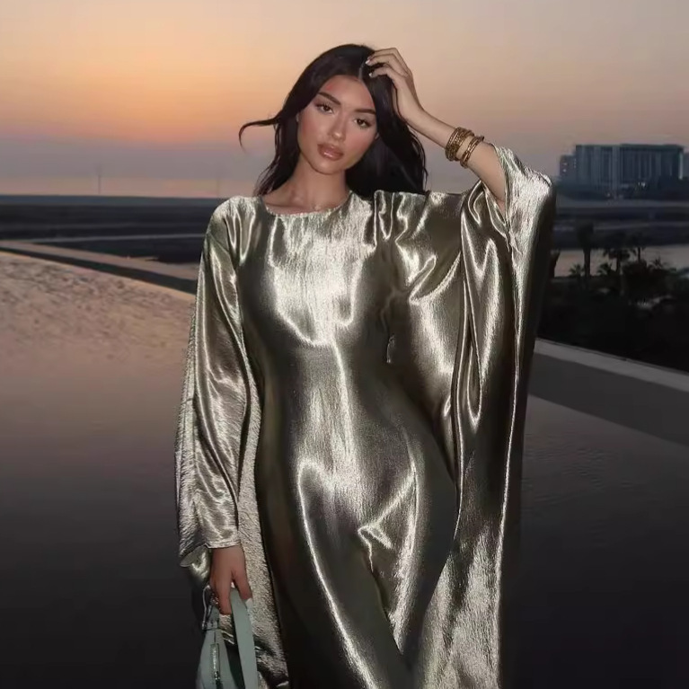 Mq196M European and American Fashion Turkish Modest Soft and Elegant Silver-Embossed Dress for Women