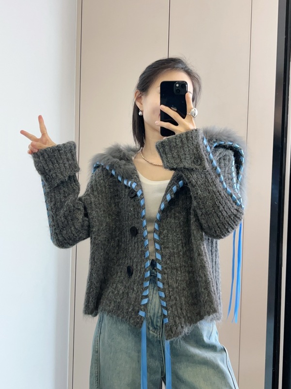 海军领毛毛编织丝带针织开衫女2025秋冬新款时尚洋气短款毛衣外套|undefined
