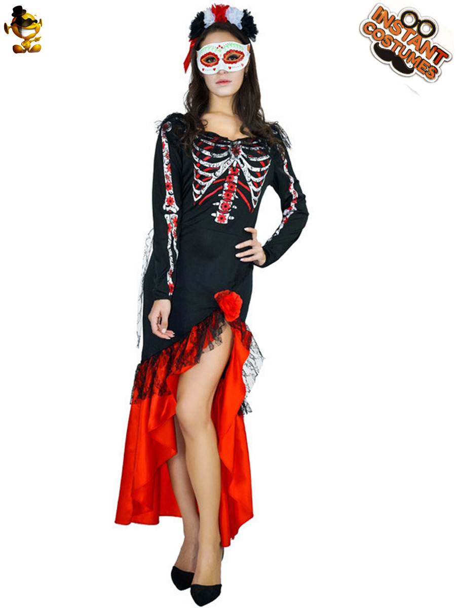 Halloween de las mujeres adultas Día de los muertos colorido fantasma hueso cráneo traje grande femenino rol esqueleto fantasma hueso falda