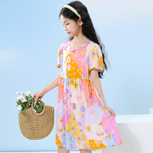 女童棉绸连衣裙夏季新款公主短袖中长裙儿童夏款宝宝碎花裙子薄款