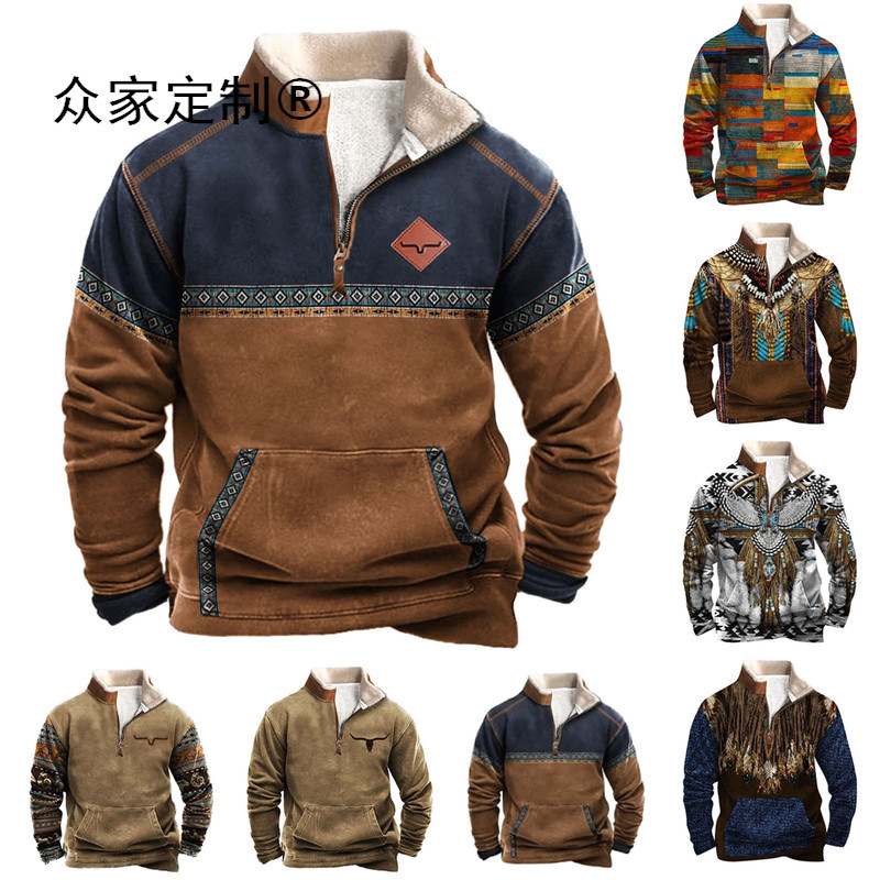 Cross-Border European and American New Style Aztec Print Casual Fashion Men's Long-Sleeve Stand Collar Half-Zip Sweatshirt