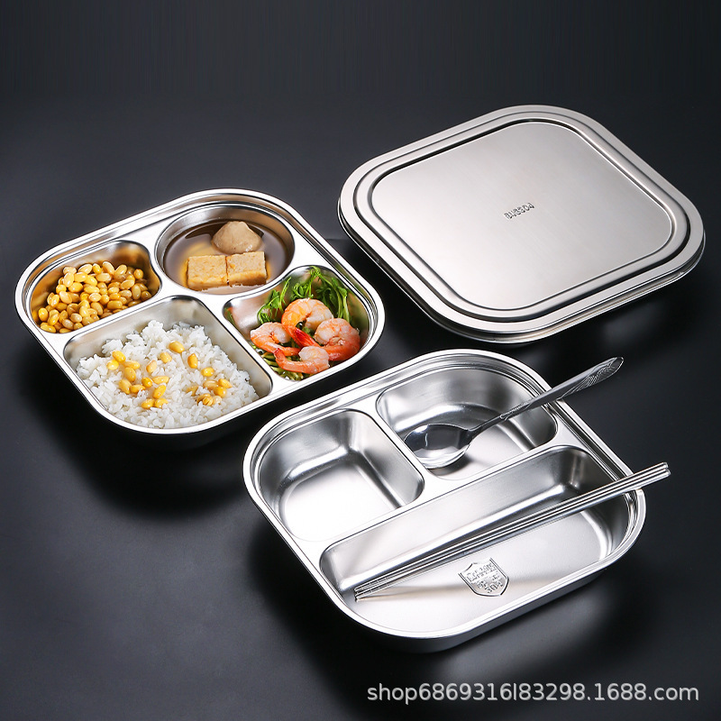 Food-Grade 304 Stainless Steel Compartmentalized Tray with Lid for Students, Employees, School Canteens, and Adults