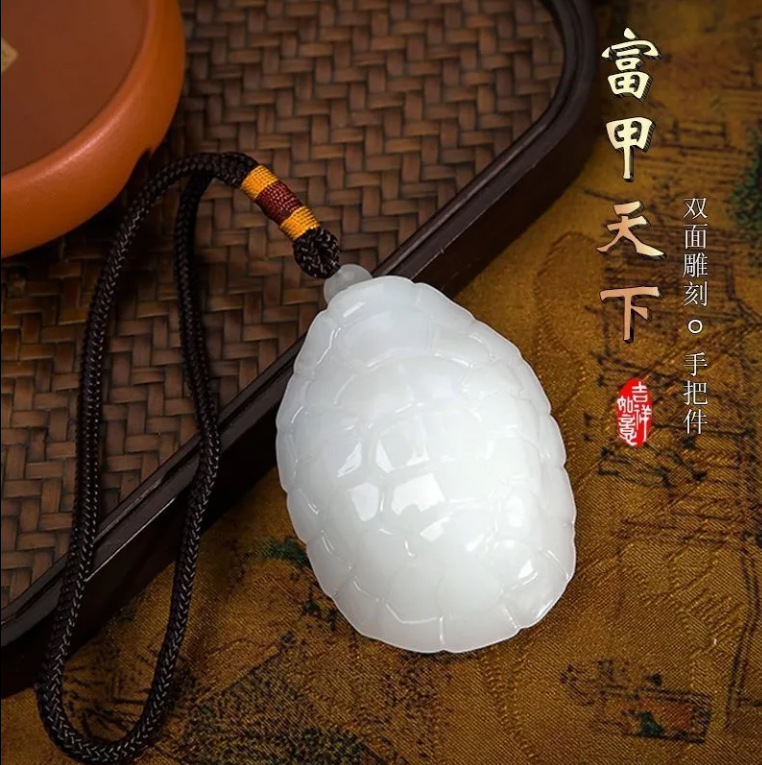 真玉石手把件富甲天下招财来财白玉龟壳盘玩解压把玩创意桌面饰品|undefined