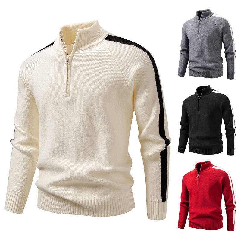 2025 Autumn and Winter New Men's Trendy Color-Blocked Knitwear Knitwear Large Size Fashionable Stand-Up Collar Half-Zip Outer Wear