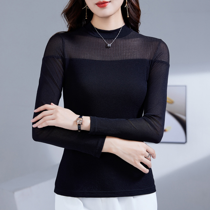 봄과 가을 새로운 솔리드 컬러 메쉬 셔츠 여성용 다용도 티셔츠 하프 터틀넥 긴팔 슬림 바텀 셔츠