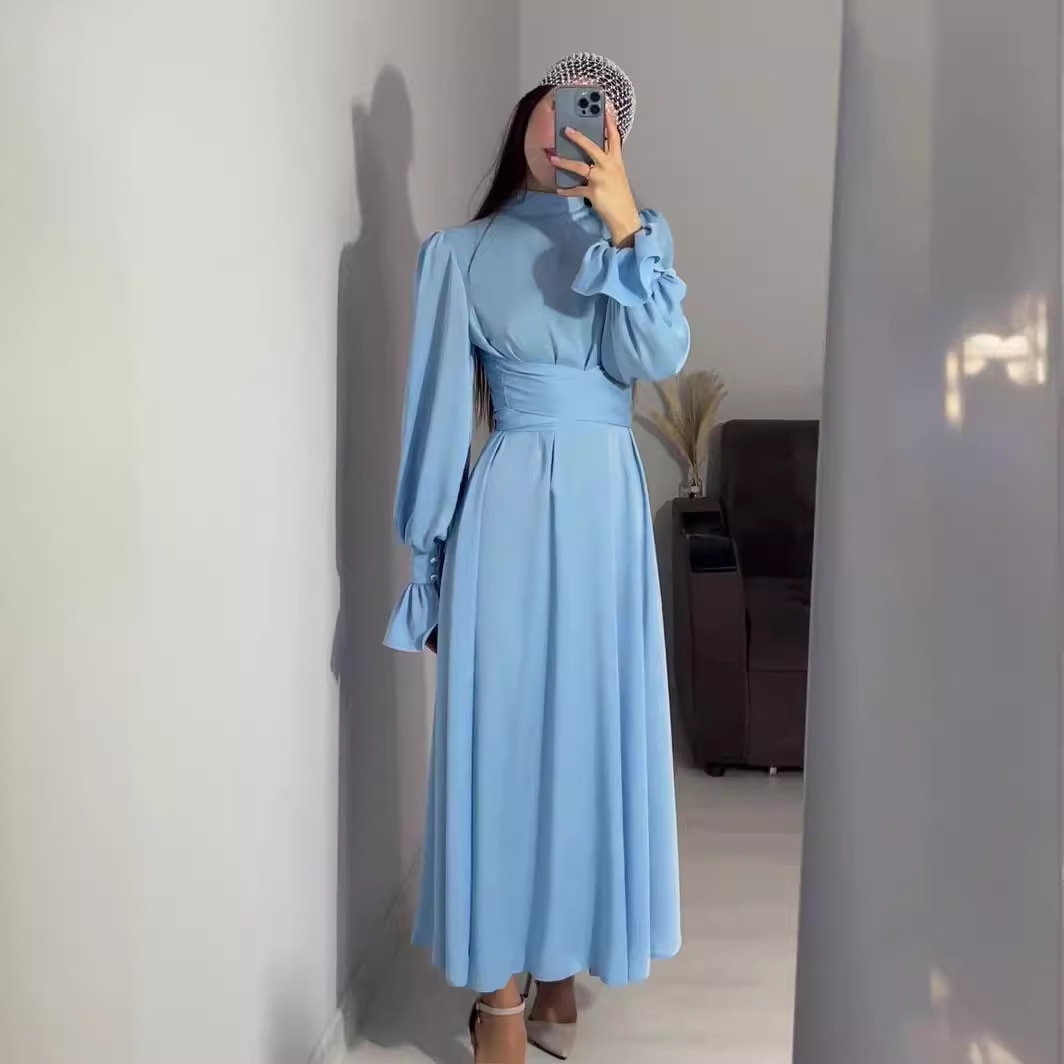 European And American Foreign Trade 2025 Autumn New Long-Sleeve Waist-Cinched Puff-Sleeve Solid Color Fairy-Style_ecoleips.com
