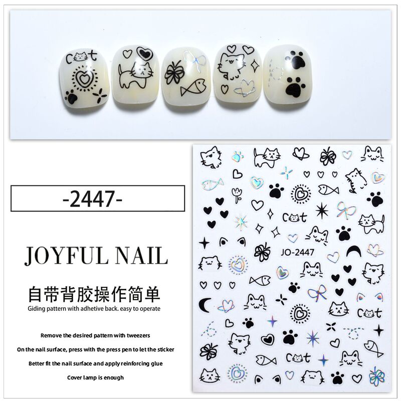 Cute Cat Puppy Nail Art Stickers Black and White Cartoon Graffiti Impressionism Personalized Nail Stickers Nail Art Decorations