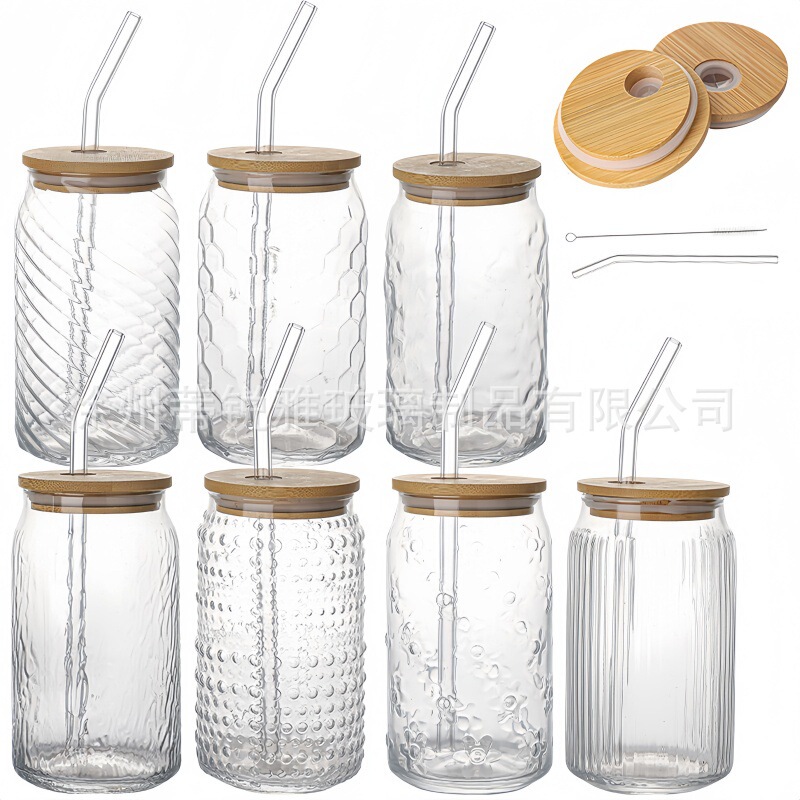 Amazon 16oz Cross-Border Large-Capacity Mason Jar Cola Cup Glass with Lid and Straw Water Cup Milk Tea Coffee Cup