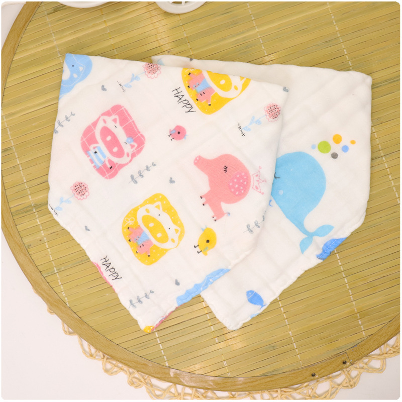 新品新生儿8层纱布围嘴宝宝双按扣棉质口水巾水洗印花纱布三角巾|ru